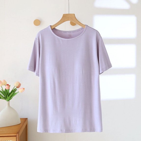 Delliss Women's Trendy Comfy Short Sleeve Tops Crew Neck Casual Loose Fit Basic T-Shirt With Padded