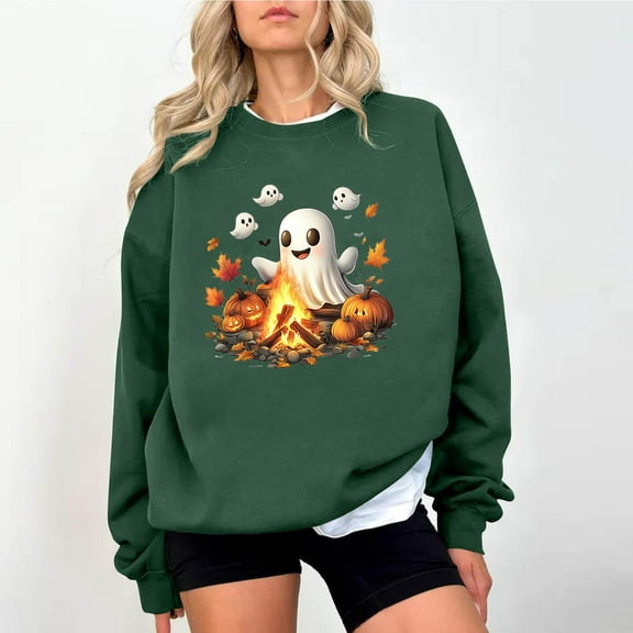 Delliss Women's Trendy Halloween Print Long Sleeve Shirt Casual Top Green S