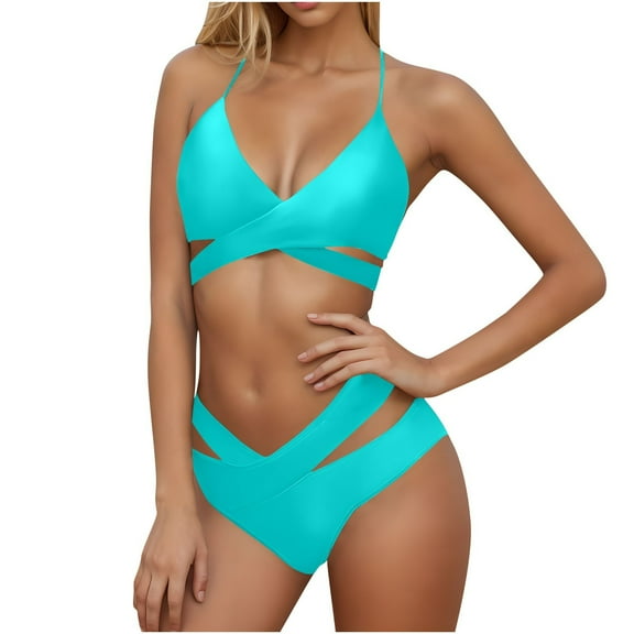 Delliss Women's Two Piece Front Criss Cross Cut Out Swimsuit High Waisted Bikini Sets Halter V Neck Bathing Suit