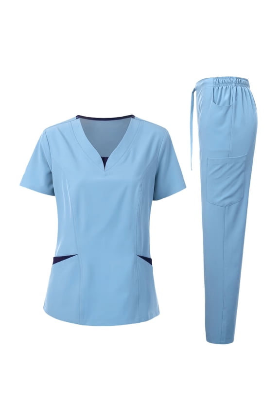 Women's Uniforms Scrub Set V Neck Comfy Two Piece Set Light Blue S