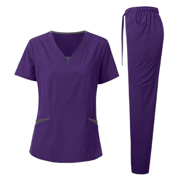 Delliss Women's Uniforms Scrub Set V Neck Comfy Two Piece Set Purple M