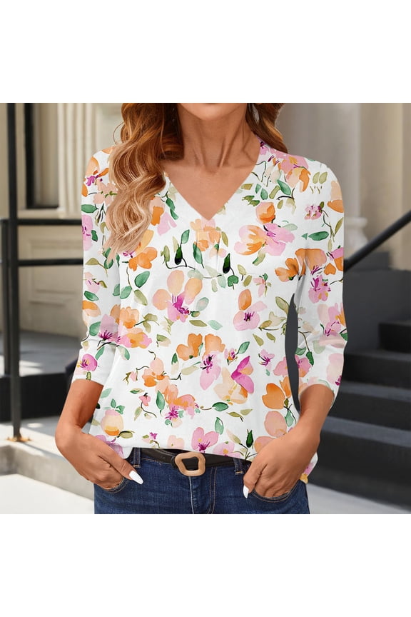 Women's V Neck Stylish Print Top Loose Basic 3/4 Sleeves Comfy Blouse Beige M