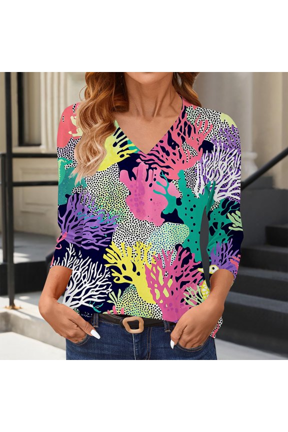 Women's V Neck Stylish Print Top Loose Basic 3/4 Sleeves Comfy Blouse Purple M