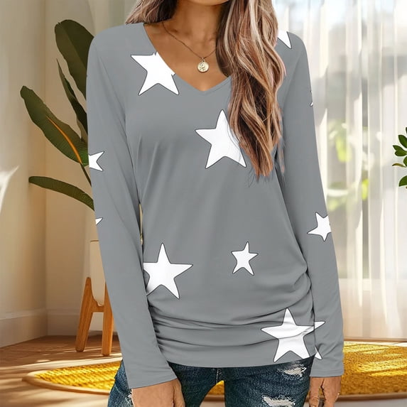Delliss Women's V Neck Trendy Print T-Shirt Long Sleeve Baggy Blouse Classic Top Gray XXXL