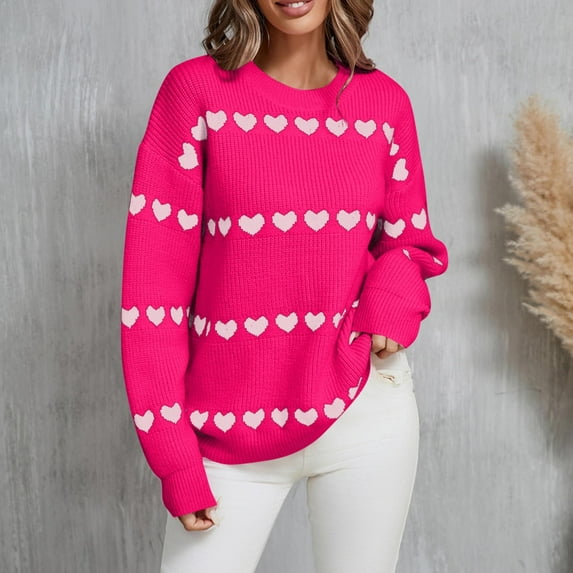 Delliss Women's Valentine's Day Knitted Sweater Heart Print Fashion Top Fall Clothes Hot Pink XL