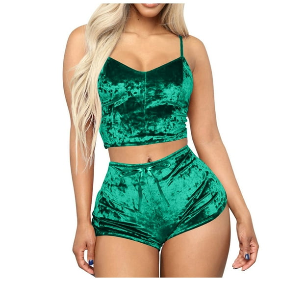 Delliss Women's Velvet Tank Top Matching Shorts Home Clothes Sleepwear Two Piece Set Green M