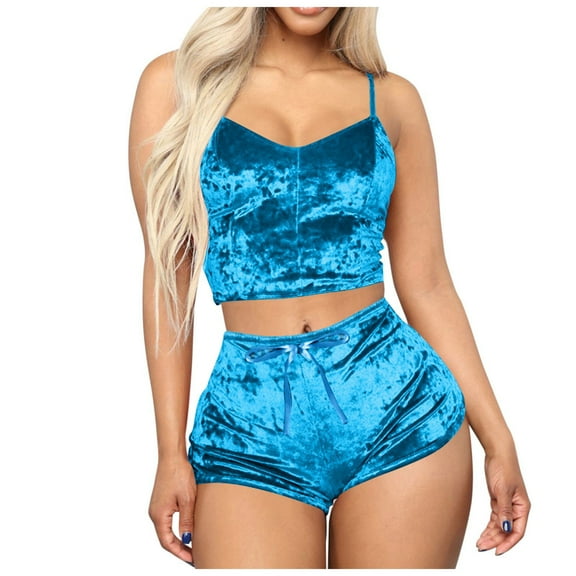 Delliss Women's Velvet Tank Top Matching Shorts Home Clothes Sleepwear Two Piece Set Sky Blue M