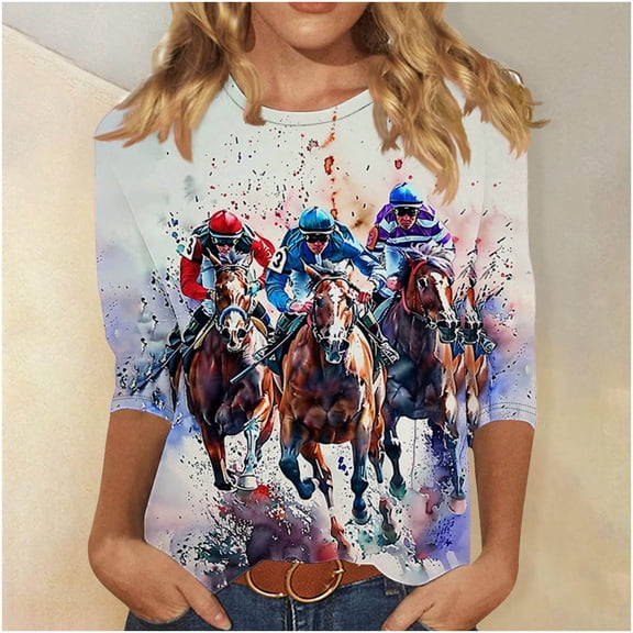Delliss Women's Western Horse T-Shirts Casual Horse Riding Horse Graphic Tee Summer Short Sleeve Tops