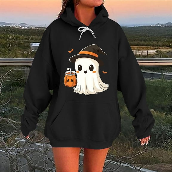 Delliss Women's Winter Clothes Halloween Fashion Print Blouse Casual Loose Shirt Long Sleeve Hoodie Top With Pocket Black M