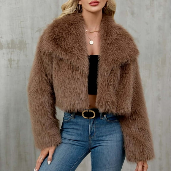 Delliss Women's Winter Faux Fur Warm Crop Jacket Long Sleeve Trendy Lapel Jacket Brown S