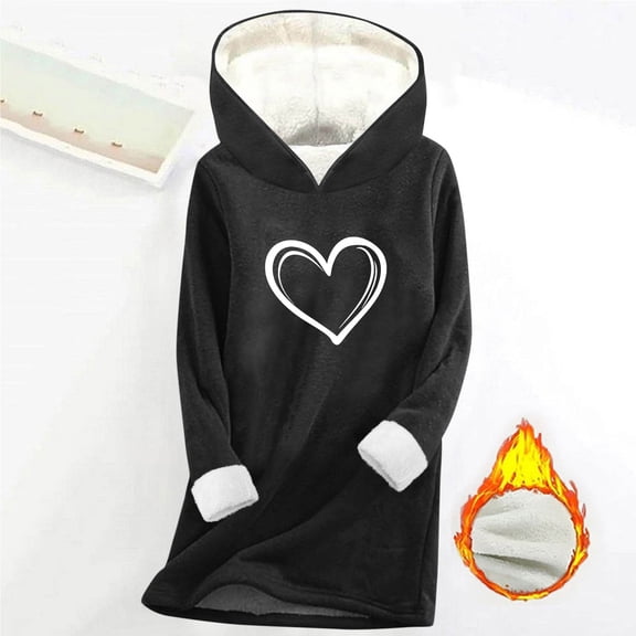 Delliss Women's Winter Heart Print Hooded Thick Blouse Plus Size Long Sleeve Fleece Top Black S