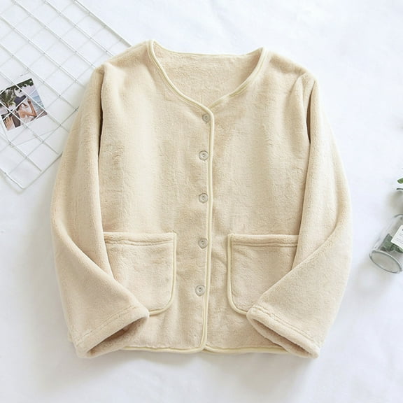 Delliss Women's Winter Solid Color Coat Plus Velvet Thick Button Cardigan Long Sleeve Top Beige XL