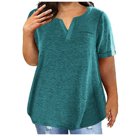 Delliss Women's plus V-neck short sleeved solid color T-shirt casual top Loose Summer Tops