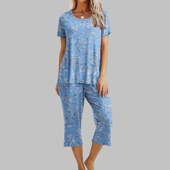 Delliss Womens 2 Piece Pajama Sets Trendy Print Crew Neck Short Sleeve Pajamas Baggy Capri Pant Pajamas Sets