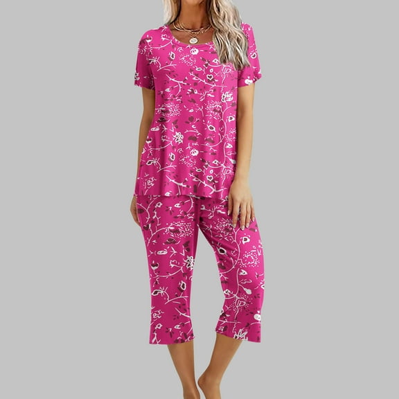 Delliss Womens 2 Piece Pajama Sets Trendy Print Crew Neck Short Sleeve Pajamas Baggy Capri Pant Pajamas Sets