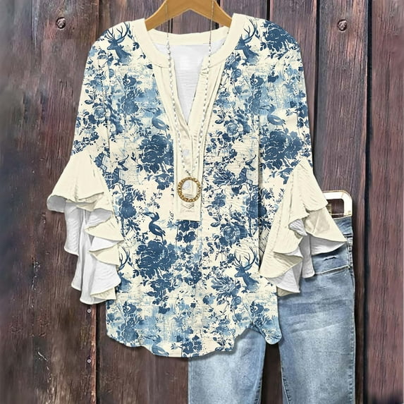 Delliss Womens 3/4 Length Sleeve Tops Summer Loose V-Neck T-Shirts Dressy Casual Ruffle Sleeve Tunic Blouses