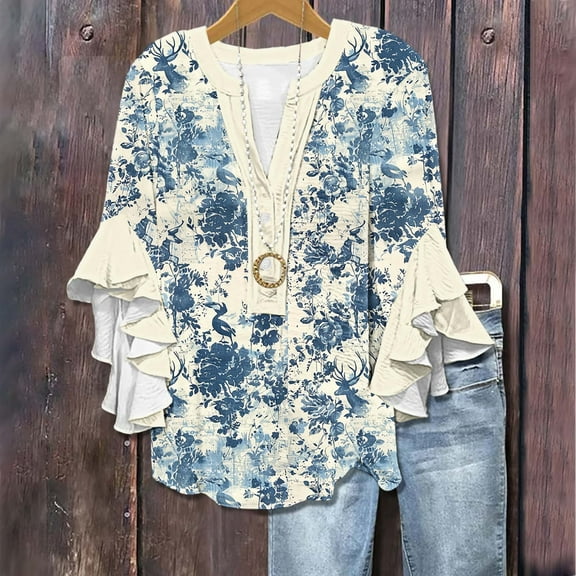 Delliss Womens 3/4 Length Sleeve Tops Summer Loose V-Neck T-Shirts Dressy Casual Ruffle Sleeve Tunic Blouses