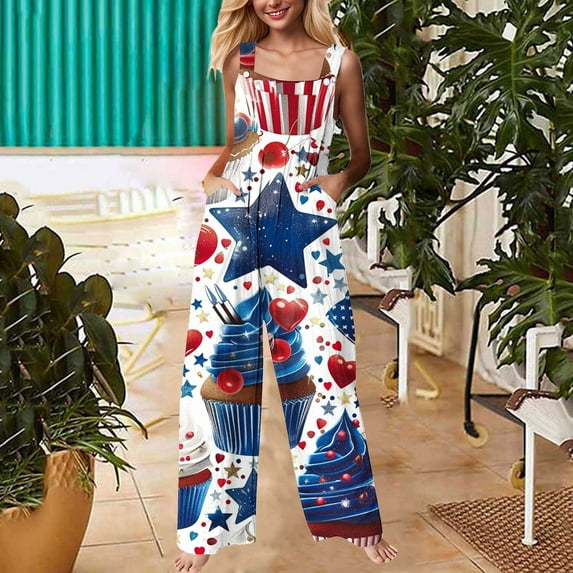 Delliss Womens 4th Of July Plus Size Wide Leg Overalls Button Independence Day Print Outfits Jumpsuit