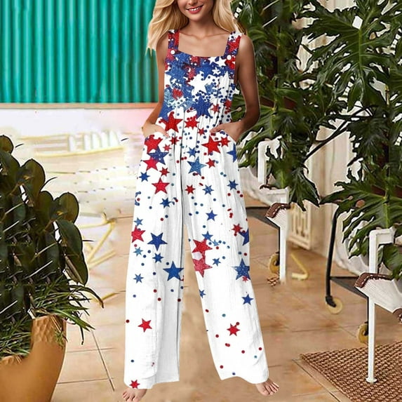 Delliss Womens 4th Of July Plus Size Wide Leg Overalls Button Independence Day Print Outfits Jumpsuit