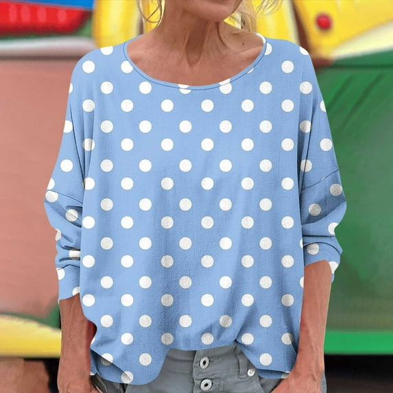 Delliss Womens' Dot Print Fashion Tees Casual Crew Neck Long Sleeve Dressy T-Shirt Loose Top S-2XL