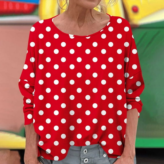 Delliss Womens' Dot Print Fashion Tees Casual Crew Neck Long Sleeve Dressy T-Shirt Loose Top S-2XL
