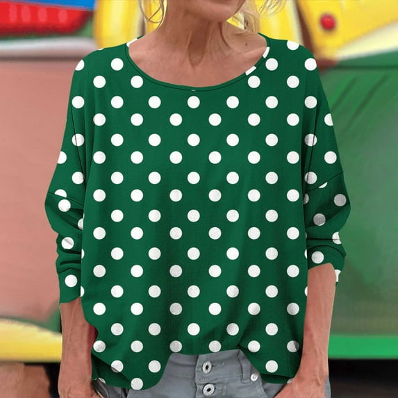 Delliss Womens' Dot Print Fashion Tees Casual Crew Neck Long Sleeve Dressy T-Shirt Loose Top S-2XL