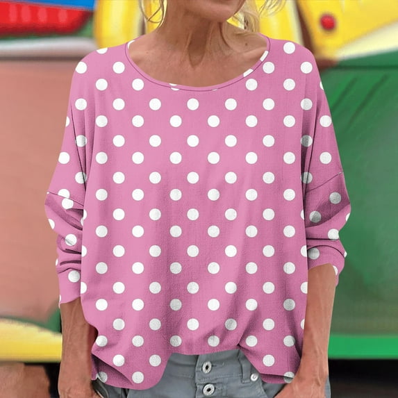 Delliss Womens' Dot Print Fashion Tees Casual Crew Neck Long Sleeve Dressy T-Shirt Loose Top S-2XL