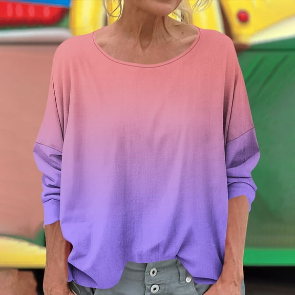 Delliss Womens' Gradient Fashion Tees Casual Crew Neck Long Sleeve T-Shirt Top S-2XL