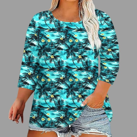 Delliss Womens Plus Size Tops 3/4 Length Sleeve Print Blouses Crew Neck Shirts Casual Loose Tops L-5XL