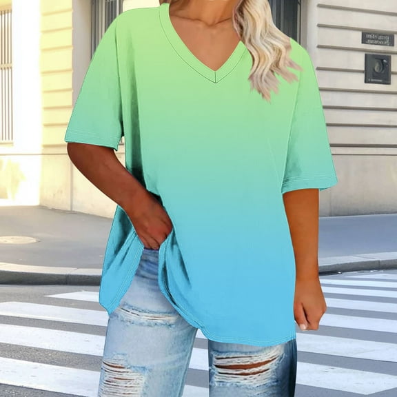 Delliss Womens Plus Size V Neck Gradient Loose Fit T Shirts Summer Short Sleeve Tops Soft Basic T-Shirts