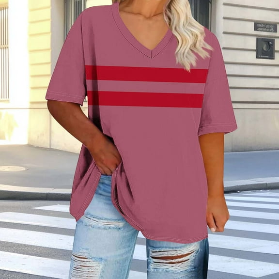 Delliss Womens Plus Size V Neck Stripe Simple T Shirts Summer Short Sleeve Tops Soft Basic T-Shirts