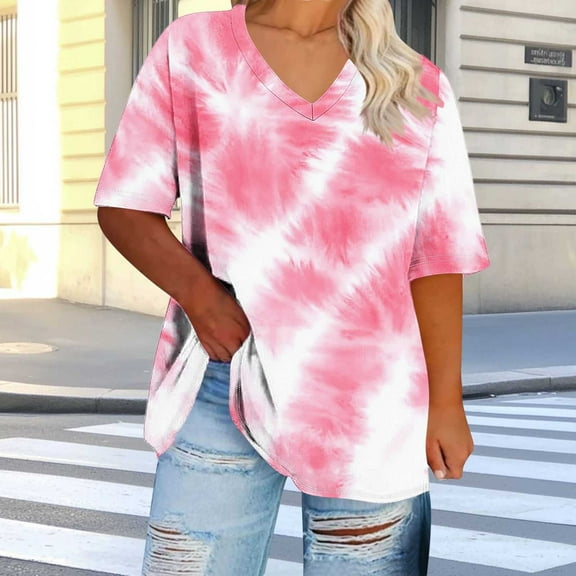 Delliss Womens Plus Size V Neck T Shirts Summer Tie Dye Short Sleeve Tops T-Shirts Casual Loose Fit Soft Basic Pink Tees