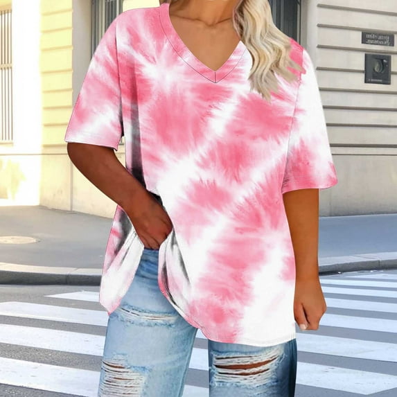Delliss Womens Plus Size V Neck T Shirts Summer Tie Dye Short Sleeve Tops T-Shirts Casual Loose Fit Soft Basic Pink Tees