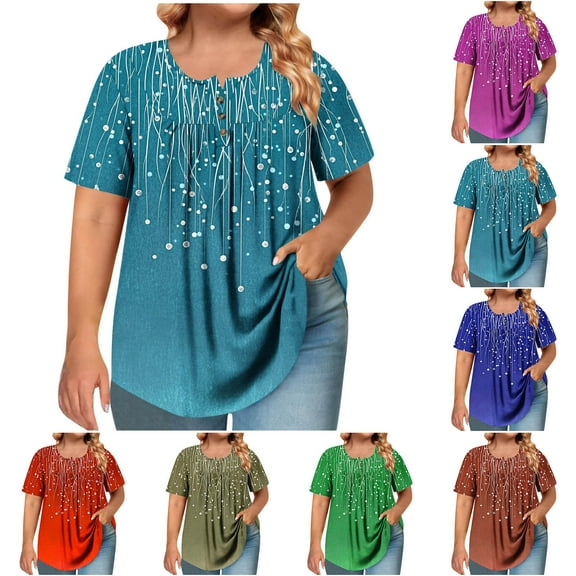 Delliss Womens' Short Sleeve Loose Fit Print Tops Summer Crew Neck T Shirts Dressy Casual Blouses Button Basic Tee Navy XXXL