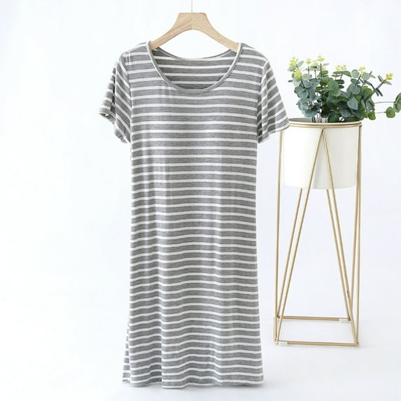 Delliss Womens Short Sleeve Nightgown Soft Striped Print Sleepwear Comfy Sleepshirt Simple Sleep Dress