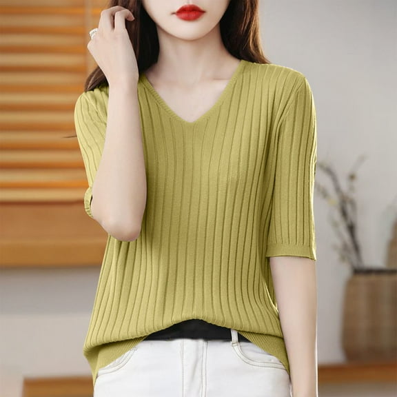 Delliss Womens Short Sleeve Sweaters V Neck Tops Business Casual Lightweight Knit Comfy Blouses Summer Fashion Outfits 2025