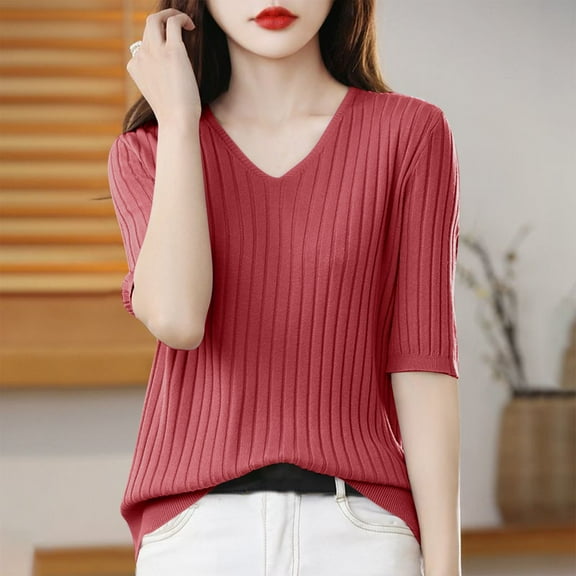 Delliss Womens Short Sleeve Sweaters V Neck Tops Business Casual Lightweight Knit Comfy Blouses Summer Fashion Outfits 2025