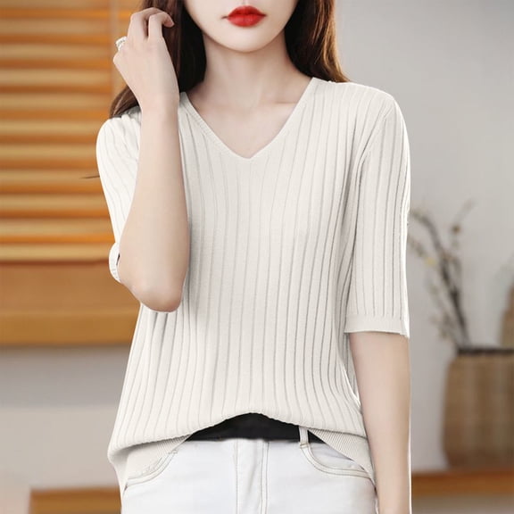 Delliss Womens Short Sleeve Sweaters V Neck Tops Business Casual Lightweight Knit Comfy Blouses Summer Fashion Outfits 2025
