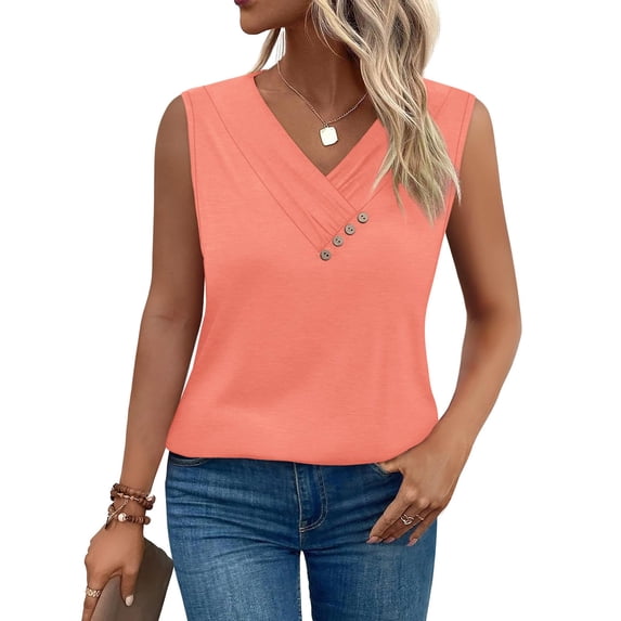 Delliss Womens Sleeveless Vest Summer V Neck Casual Button Front Loose Fit Pullover Top