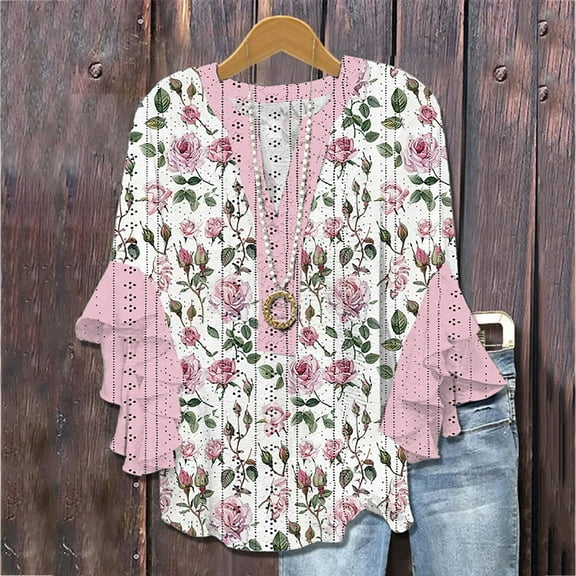 Delliss Womens Summer 3/4 Batwing Sleeve Casual T-Shirts Loose Tee Fashion Ruffle Sleeve Tunic Blouses Top