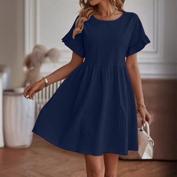 Delliss Womens Summer Babydoll Elegant Mini Dress Crew Neck Ruffle Sleeve Vacation Beach Swing Trendy Dresses