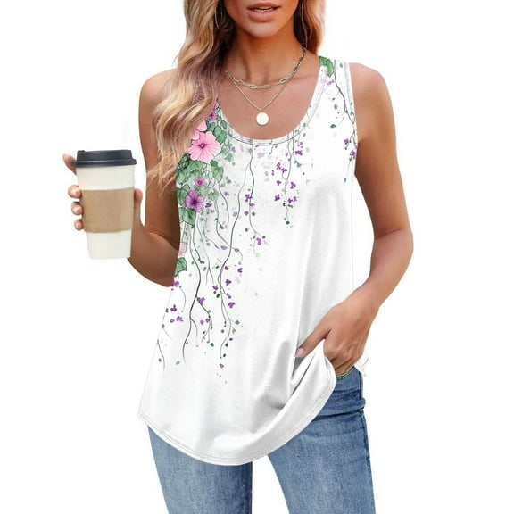 Delliss Womens Summer Dressy Plus Size Tank Tops Sleeveless Flower Print T Shirt Loose Fit Tunic Blouses S-3XL