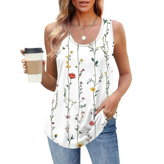 Delliss Womens Summer Dressy Plus Size Tank Tops Sleeveless Flower Print T Shirt Loose Fit Tunic Blouses S-3XL