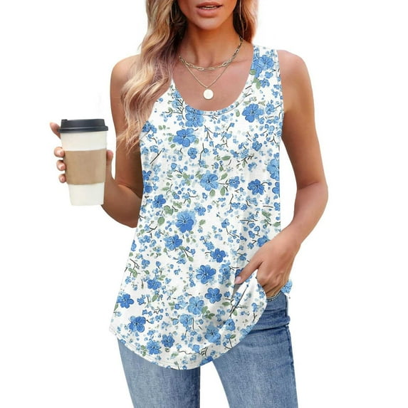 Delliss Womens Summer Dressy Plus Size Tank Tops Sleeveless Flower Print T Shirt Loose Fit Tunic Blouses S-3XL
