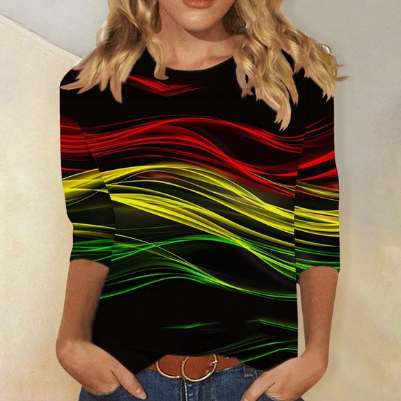 Delliss Womens Summer Fashion T-Shirt Casual 3/4 Sleeve Shirts Crew Neck Loose Blouses Dressy Top