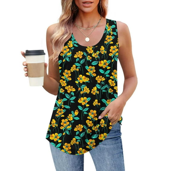 Delliss Womens Summer Fashion Tank Tops Sleeveless Flower Print T Shirt Casual Loose Fit Tunic Blouses Yellow