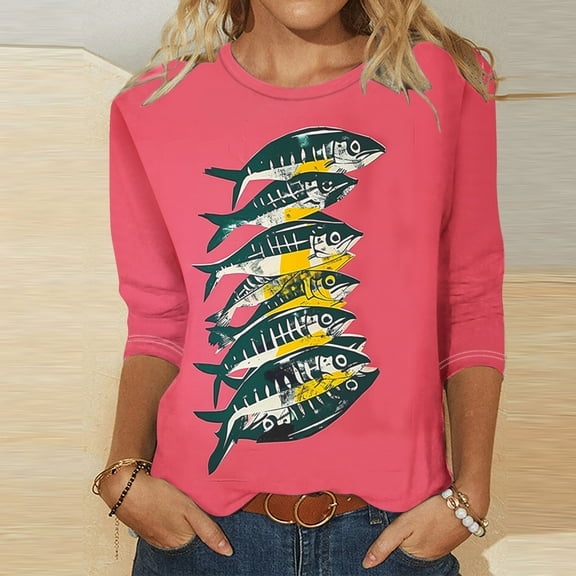 Delliss Womens Summer Fashion Tops Casual 3/4 Sleeve Shirts Crew Neck Casual Blouses Dressy Top