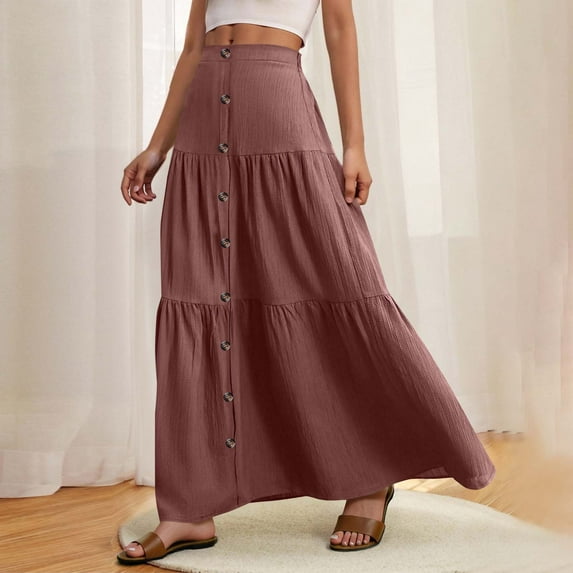 Delliss Womens Summer Flowy Boho Midi Maxi Skirt Elastic High Waist A Line Pleated Tiered Trendy Beach Long Skirts