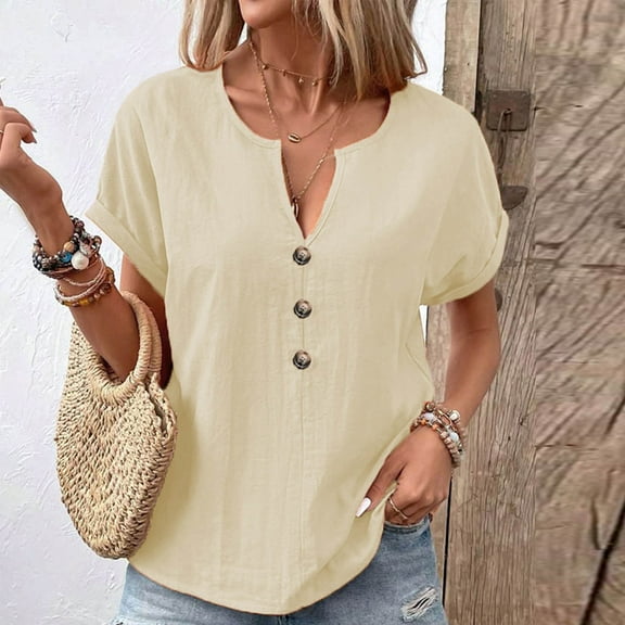 Delliss Womens Summer Tops Basic Short Roll-Up Sleeve Shirts Casual V Neck T Shirt Comfy Trendy Tees Beige XL