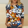 thumbnail image 1 of Delliss Womens Tops 3/4 Sleeve Shirts Crew Neck Loose Casual Blouses Cat Print Tshirts S-2XL, 1 of 5